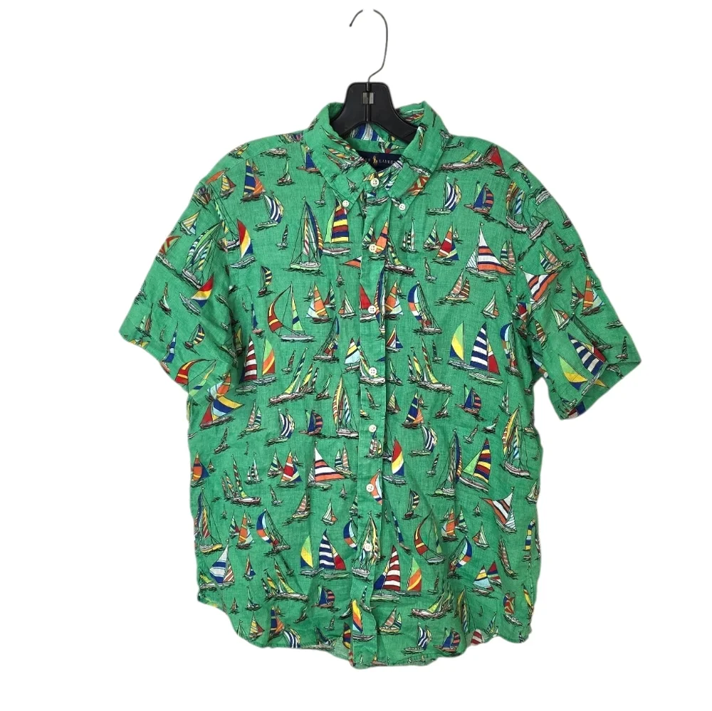 Polo Ralph Lauren 100% Linen Shirt Sailboat Regatta Men's Large Short‎ Sleeve